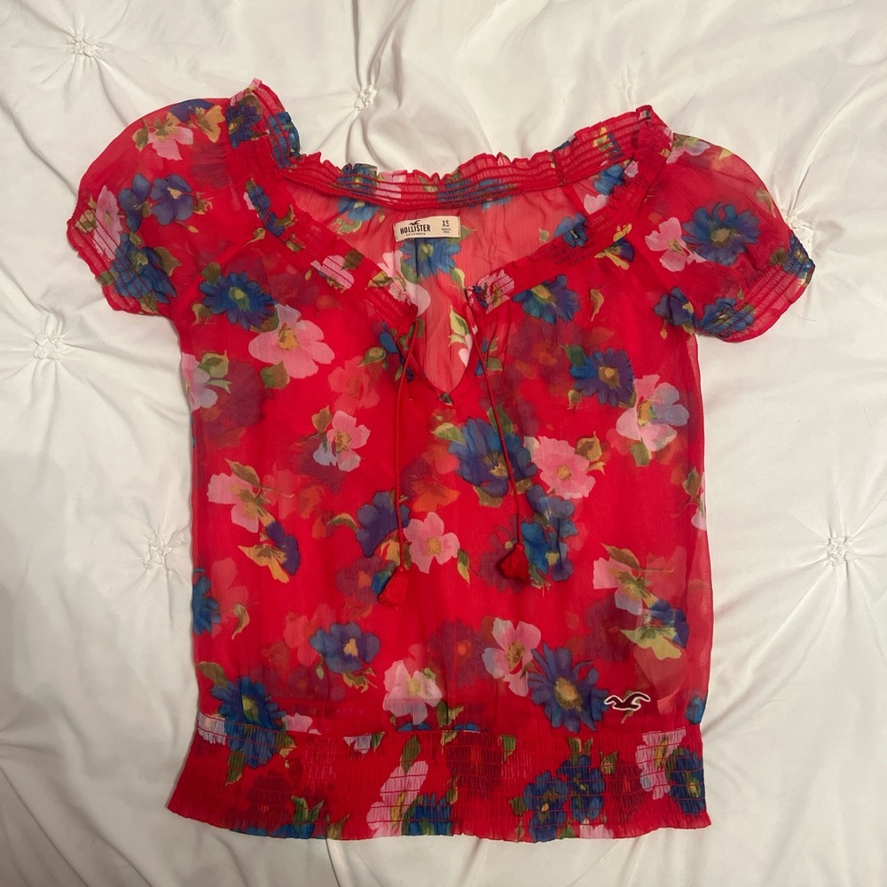 Hollister Red Sheer Top with Floral Print